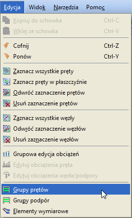 Podstawy 3.1.4 Grupowanie prętów Program umożliwia przypisanie prętów do zdefiniowanych w projekcie charakterystycznych grup.