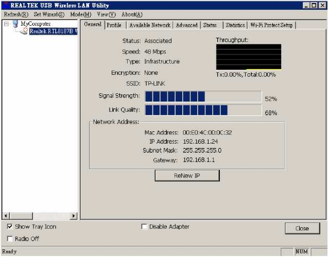 Pojawi się okno programu Realtek USB Wireless LAN Utility: Zakładki programu: General podstawowe informacje o statusie i typie połączenia; siła sygnału; Profile lista utworzonych profili połączeń