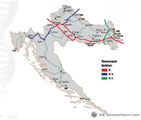 Slika 1: Hrvatskom se pružaju paneuropski koridori X. i V. (ogranci V bi Vc). Izvor:http://www.korema.