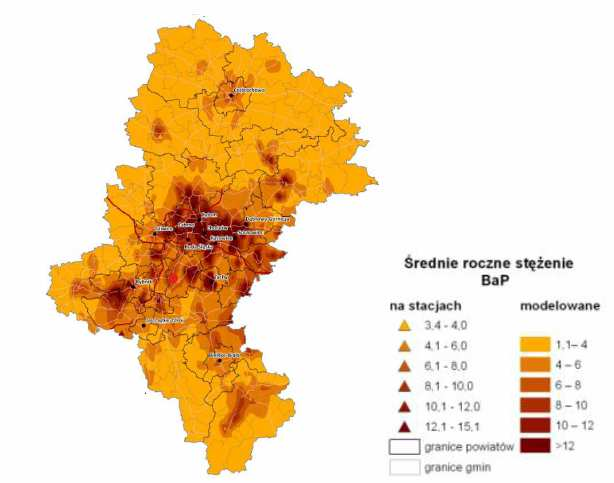 Rysunek 6. Rozkład średniorocznych stężeń benzo(a)pirenu w 2012 r. na terenie województwa śląskiego, uwzględniając położenie miasta Orzesze.