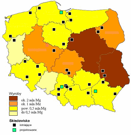 Istniejące i przygotowywane składowiska odpadów zawierających azbest Wyroby ok. 2 mln Mg ok. 1 mln Mg > 0,5 mln Mg < 0,5 mln Mg Składowiska istniejące przygotowywane Województwo Stan na 2008 r.