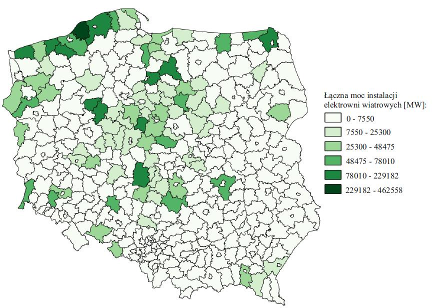 Czynniki lokalizacji oraz rozmieszczenie przestrzenne energetyki wiatrowej w Polsce 127 którego stwierdza się, iż dysproporcje pomiędzy powiatami są znaczne.