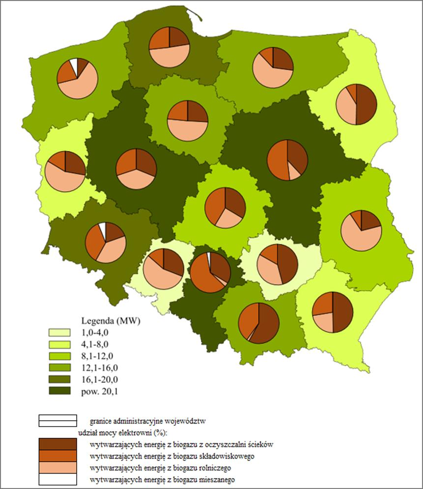 Występowanie elektrowni biogazowych w Polsce i czynniki ich lokalizacji 339 Rys. 3. Moc instalacji biogazowych w megawatach (MW) w Polsce według województw (stan na 30.09.2015 r.). Źródło: opracowanie własne na podstawie danych URE 4.