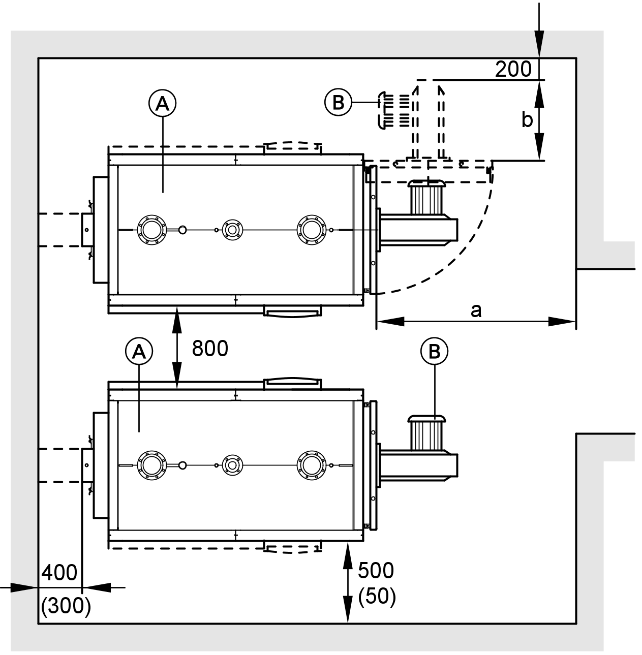 Dane techniczne (ciąg dalszy) Ustawienie Minimalne odstępy Tabela wymiarów Znamionowa kw 700 900 1100 1300 1600 1950 moc cieplna a mm 2000 2000 2200 2400 2600 2900 b mm Długość montażowa palnika