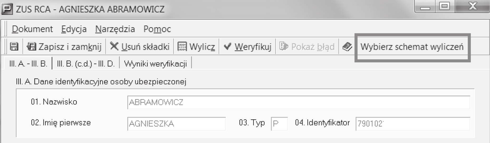 przejść do pozycji raportu i wypełnić kod tytułu ubezpieczenia oraz właściwe pola podstaw wymiaru składek, zgodnie z rodzajami ubezpieczeń, którym podlega dana osoba, zapisanymi w kartotece