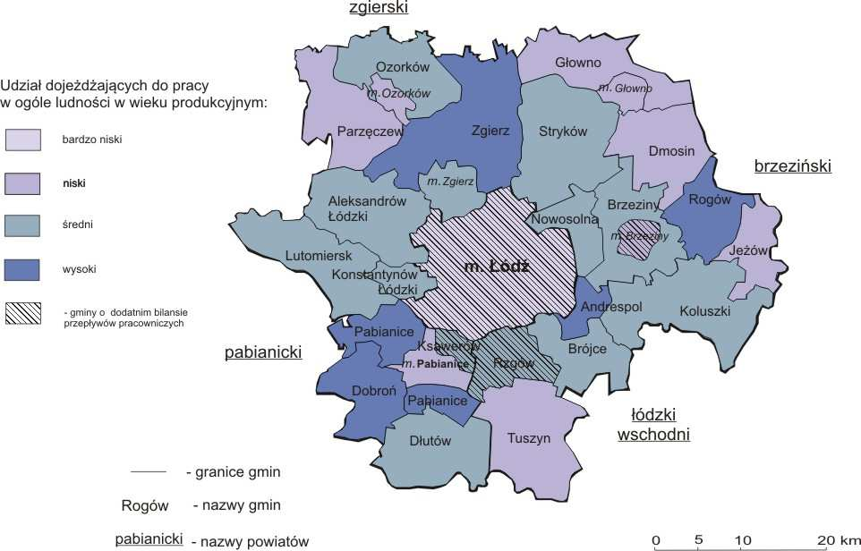 Rys. 8: Przestrzenne zróżnicowanie wielkości dojazdów do pracy z gmin ŁOM w ogóle ludności w wieku produkcyjnym w 2006 r. Źródło: Opracowanie na podstawie Bartosiewicz, 2012.