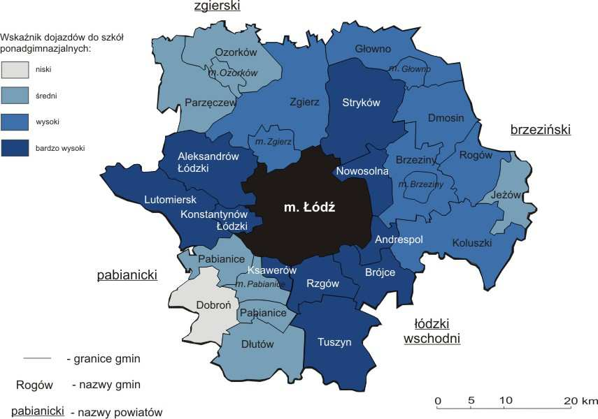 Rys. 11: Wielkość dojazdów do łódzkich szkół ponadgimnazjalnych z gmin ŁOM w