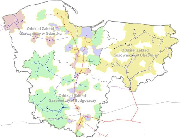 PROJEKT ZAŁOŻEŃ DO ZAOPATRZENIA W CIEPŁO, ENERGIĘ ELEKTRYCZNĄ Rys.4. Mapa przedstawiająca zasięg terytorialny Spółki Gazownictwa Źródło: www.psgaz.pl Tab.11.