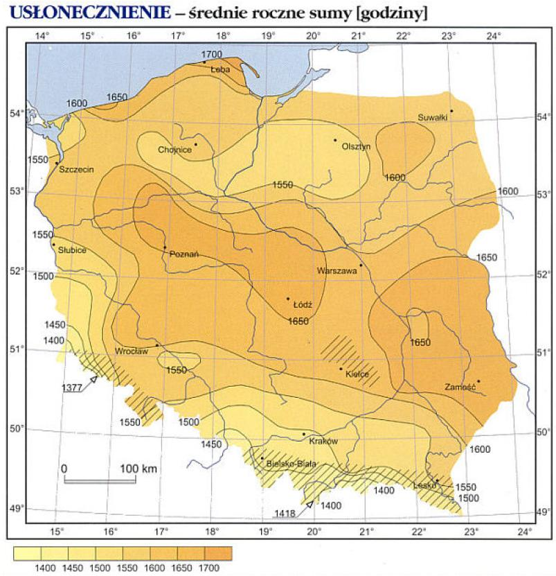 PROJEKT ZAŁOŻEŃ DO ZAOPATRZENIA W CIEPŁO, ENERGIĘ ELEKTRYCZNĄ Rys.6. Rozkład usłonecznienia w Polsce Źródło: http://www.imgw.pl/wl/internet/zz/klimat/0502_polska.