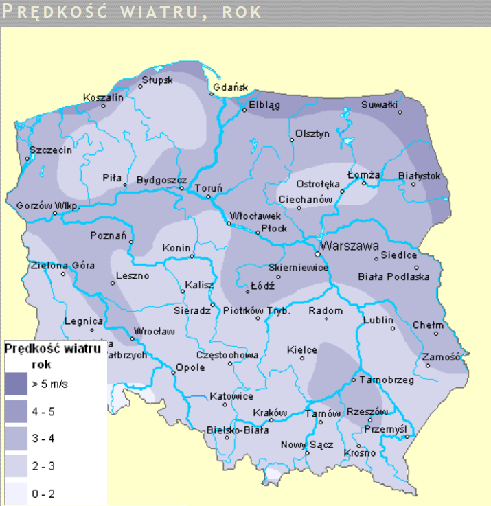 PROJEKT ZAŁOŻEŃ DO ZAOPATRZENIA W CIEPŁO, ENERGIĘ ELEKTRYCZNĄ Warunki wiatrowe w naszym kraju są dosyć zróżnicowane.