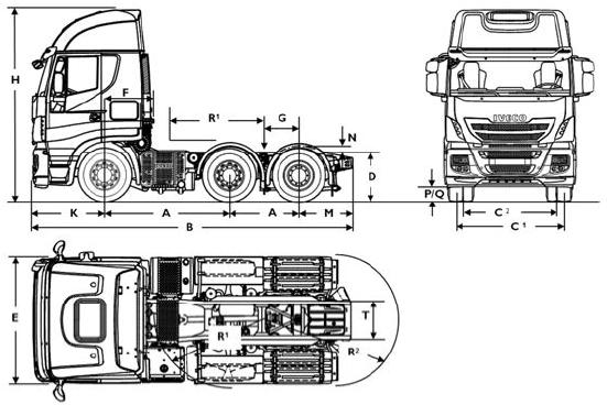 Wymiary (mm) Rozstaw osi A - 2440/1360 2640/1360 - - - - - Długość całkowita B - 6258 6483 - - - - - Szerokość całkowita E - 2550 2550 - - - - - Wysokość całkowita niezaładowany 3 H - 3774 3774 - - -