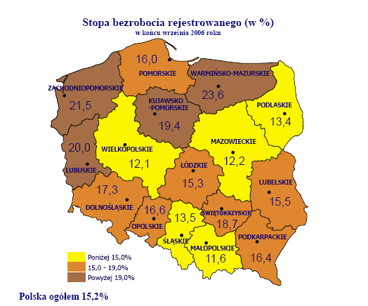 Wykres 5. Stopa bezrobocia wg województw (2005 r.). Żródło: GUS Tabela 1. Zmiany wskaźnika zatrudnienia 15-64 lata ogółem i w przekroju regionalnym.