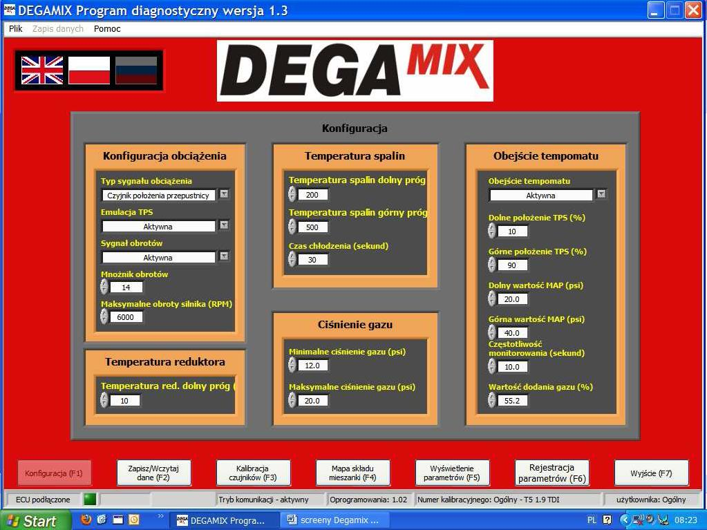 Fig. 4.2. Data input in LPG installation control program Rys. 4.2. Wpisane do programu sterującego parametry pracy instalacji LPG [2] Przy zasilaniu silnika dwoma paliwami istnieje niebezpieczeństwo wystąpienia spalania stukowego.