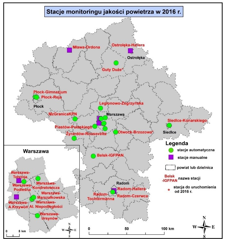 Rys.2. Lokalizacja stacji w 2016 r. w woj. mazowieckim [źródło WIOŚ] Tabela 1.