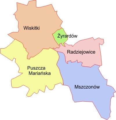 Rysunek 2. Położenie Gminy Mszczonów na tle powiatu żyrardowskiego (źródło: www.osp.org.pl) Gmina Mszczonów zajmuje powierzchnię 152 km 2 (powierzchnia miasta wynosi 8,56 km 2 ).