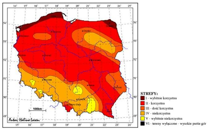 Strefa IV, V, VI: warunki niekorzystne i tereny wyłączone, w<4 m/s. Rysunek 23. Strefy energetyczne wiatru w Polsce wg H.