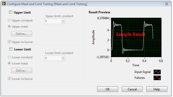 TESTOWANIE LIMITÓW (Mask and Limit Testing) Sprawdza, czy sygnał znajduje się w granicach narzuconych limitów. VI Express porównuje sygnał z górnymi i dolnymi granicami, które zostaną ustawione.