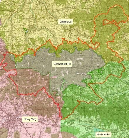 Ostoja Gorczańska zarządzanie terenami leśnymi Lasy Skarbu Państwa - Gorczański Park Narodowy - Nadleśnictwo Limanowa - Nadleśnictwo Nowy Targ Lasy prywatne - właściciele indywidualni - wspólnoty