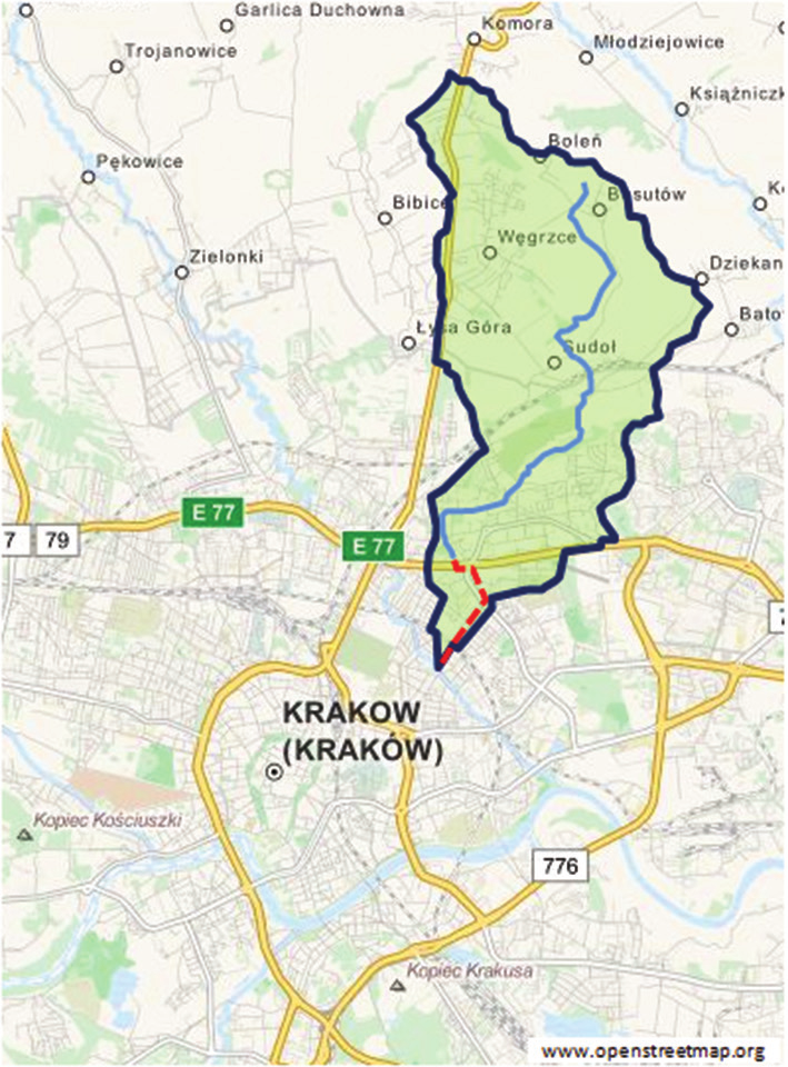 Wstępna ocena przepustowości koryta cieku miejskiego w warunkach silnej antropopresji 137 obszarze zlewni potoku obejmującej obszary gmin Zielonki i Kraków dominują tereny zabudowane.