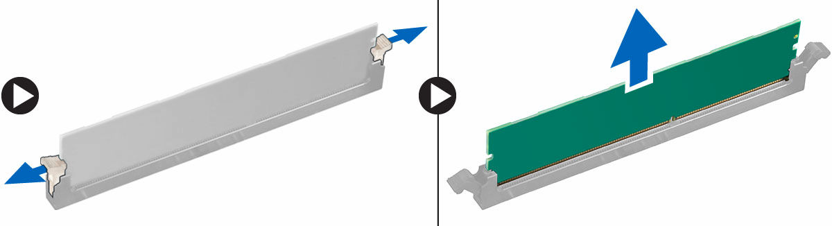 Instalowanie modułu pamięci 1. Dopasuj wycięcie w module pamięci do wypustki w gnieździe. 2. Umieść moduł pamięci w gnieździe. 3.