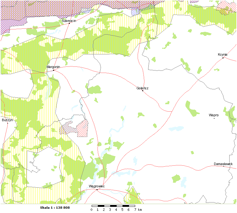 Ryc. 11. Planowane przedsięwzięcie (czerwone wieloboki) na tle obszarów sieci Natura 2000 (niebieska i czerwona szrafura) oraz korytarzy ekologicznych (żółta szrafura). Źródło: http://natura2000.gdos.