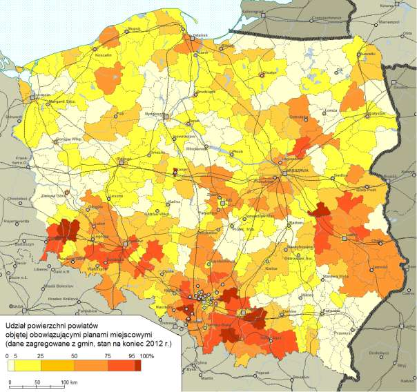W skali całego kraju niski na ogół wskaźnik pokrycia planami miejscowymi jest rekompensowany sytuacją we wschodnich, południowych i środkowopolskich województwach, gdzie duże obszarowo gminy wiejskie