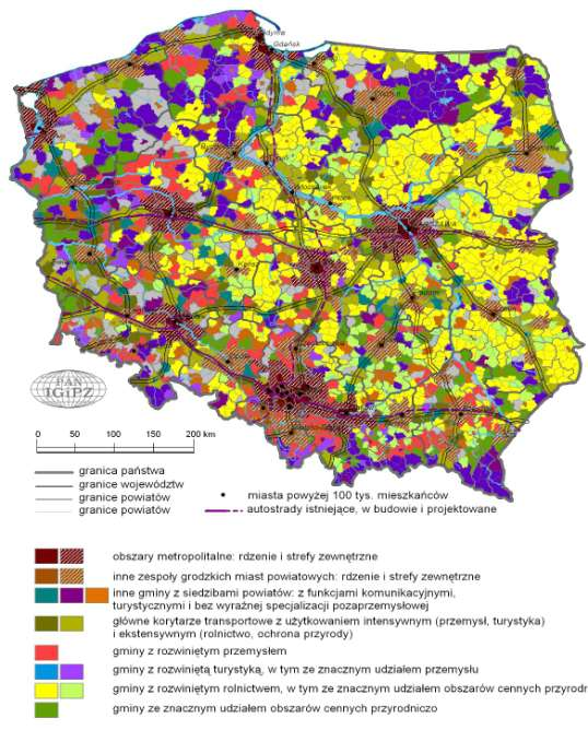 Ryc. 3.1. Rozmieszczenie typów (kategorii) funkcjonalnych gmin (Komornicki i Śleszyński 2008).
