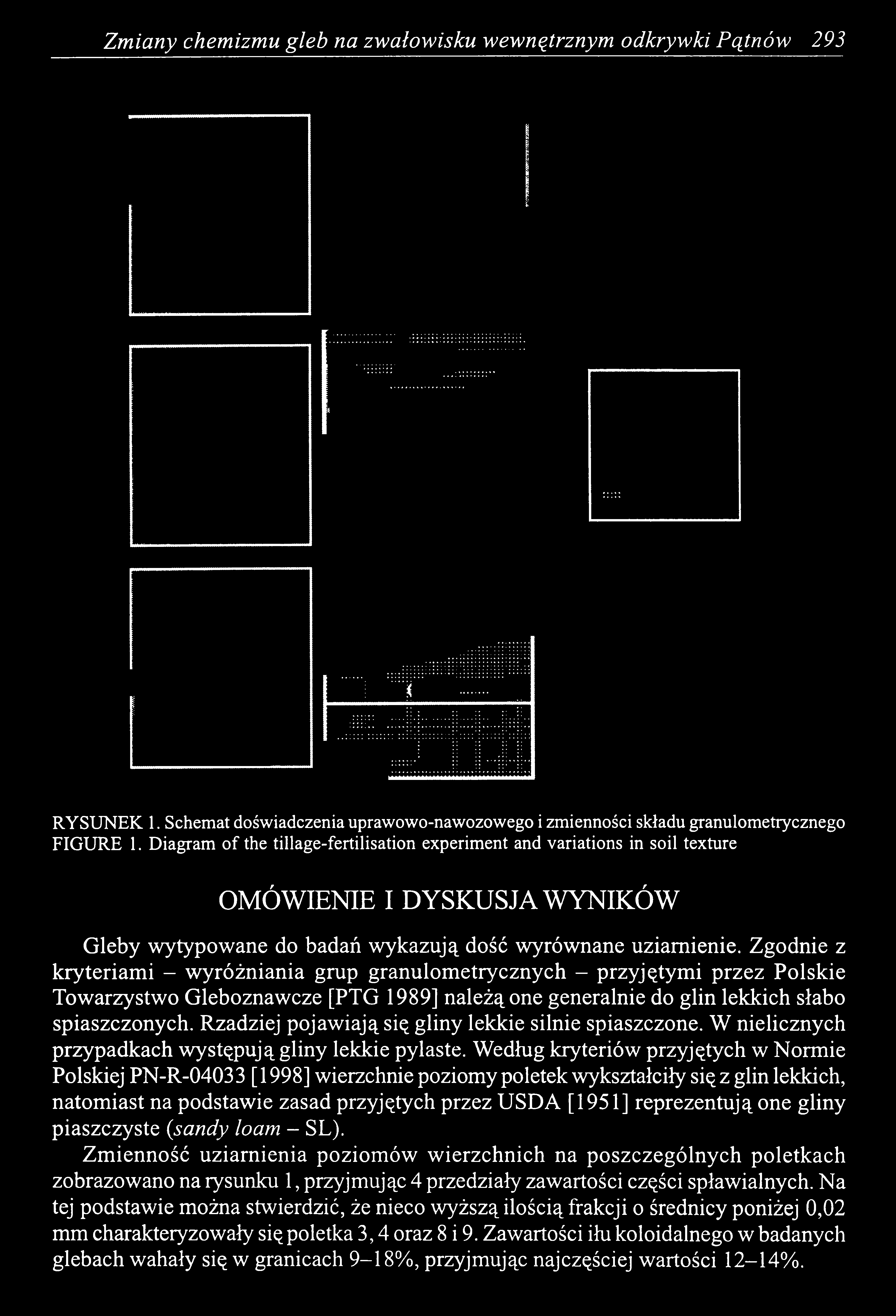 Według kryteriów przyjętych w Normie Polskiej PN-R-04033 [1998] wierzchnie poziomy poletek wykształciły się z glin lekkich, natomiast na podstawie zasad przyjętych przez USDA [1951] reprezentują one