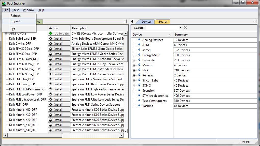 Freescale Kinetis KLxx Series Device Support and Examples version: 1.3.0 Keil MDK-ARM Professional Middleware for ARM Cortex-M based devices version: 6.1.1 Oraz w przypadku braku, lub innej wersji: CMSIS (Cortex Microcontroller Software Interface Standard) version: 4.