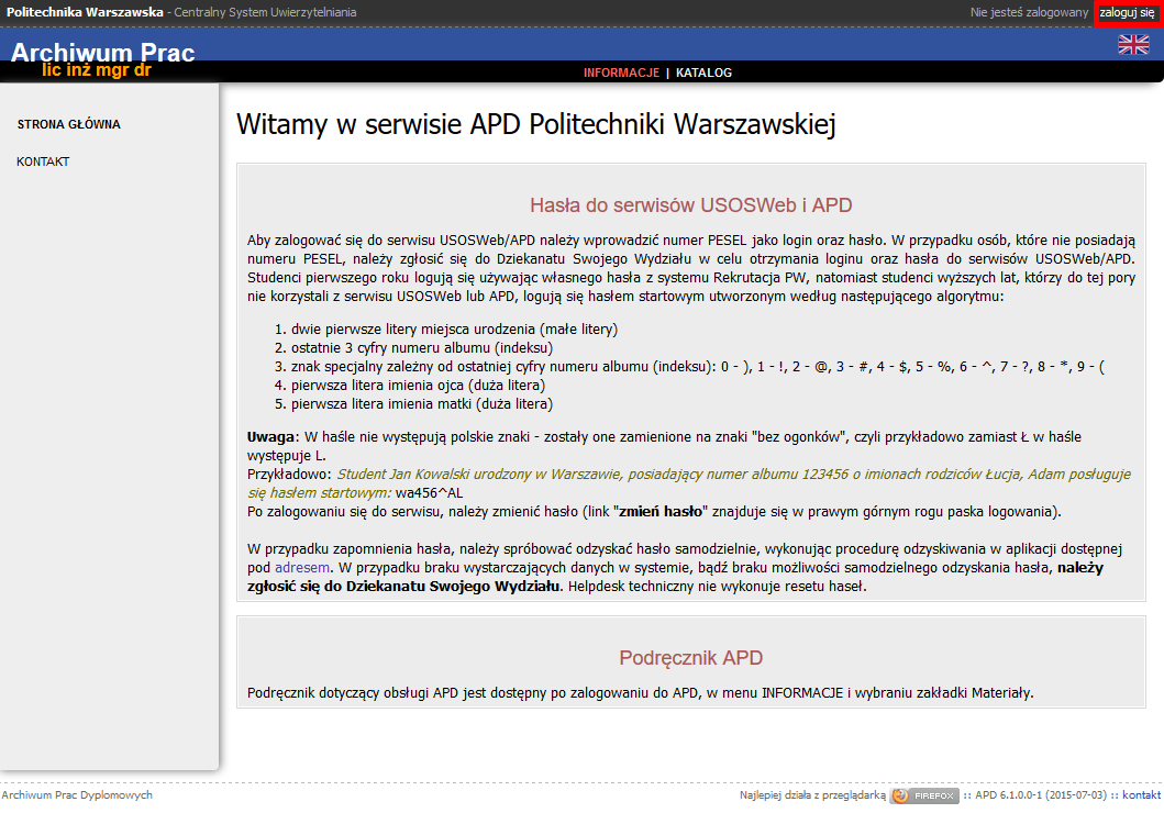 1. Wpisanie danych pracy Student loguje się do serwisu APD dostępnego pod adresem https://apd.usos.pw.edu.