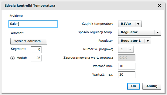 5. Punkt 3. powtórz dla pozostałych dwóch przycisków, zmieniając etykiety oraz zawartości pola Wartość kolejno na: temperatura:switch("dzien"), temperatura:switch("noc").