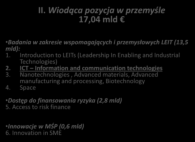 II. Wiodąca pozycja w przemyśle 17,04 mld Badania w zakresie wspomagających i przemysłowych LEIT (13,5 mld): 1. Introduction to LEITs (Leadership In Enabling and Industrial Technologies) 2.