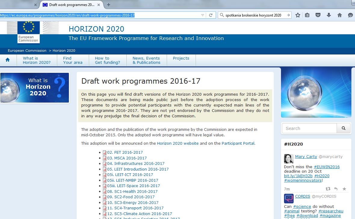 Narzędzie nie podpowiada konkursów, gdzie temat jest otwarty (FET, MSC) z podejściem bottom-up