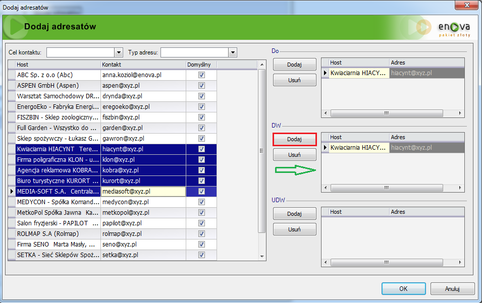 Rys. 94 Okno wyboru adresatów. Zaznaczone adresy e-mail można umieszczać w trzech wcześniej wymienionych sekcjach: DO, DW, UDW.