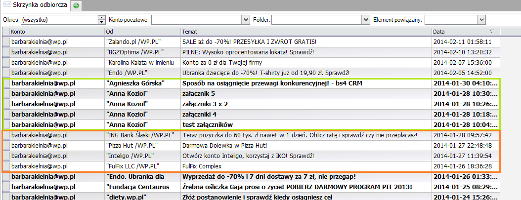 Dzięki zakładce Elementy powiązane można połączyć daną wiadomość e-mail z konkretnym kontrahentem, zadaniem lub projektem przez co dana korespondencja będzie widoczna na formularzu kontrahenta,