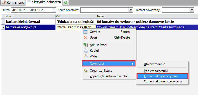 Rys. 97 Czynność oznaczania wiadomości. na liście wszystkich wiadomości odebranych przy pomocy menu Czynności Rys.