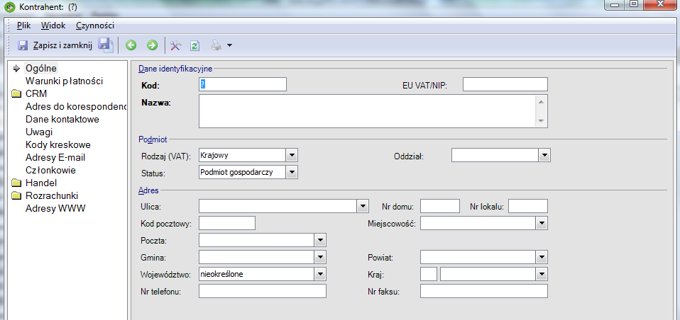 , pojaw się nowe okno kontrahenta (formularz). Jak widać dostępny jest tutaj również pasek narzędzi, który sprawuje identyczną rolę jak na liście.
