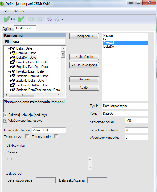 Rys. 114 Budowanie formatki użytkownika dla Kampanii. Lewy-górny róg okna zajmuje lista obiektów programu enova (wyświetlanych informacji na formularzu).