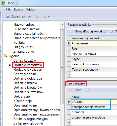 Rys. 126 Definicje celów kontaktów. W wersji programu 9.2. enova dodano możliwość przyporządkowania do danego rodzaju kontaktu (np. adres e-mail, numer telefonu, faks) celu tegoż kontaktu (np.