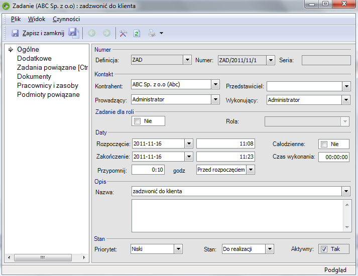 Wypełniane dane na formatce zadania Po utworzeniu nowego zadania należy uzupełnić informacje na poszczególnych zakładkach.
