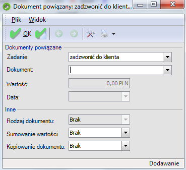 Przejść na zakładkę Dokumenty oraz wybrać czym otworzy się okno;, po Rys. 52 Dodawanie dokumentu powiązanego. Pole Zadanie wskazuje na zadanie, do którego będzie dodawany dokument.