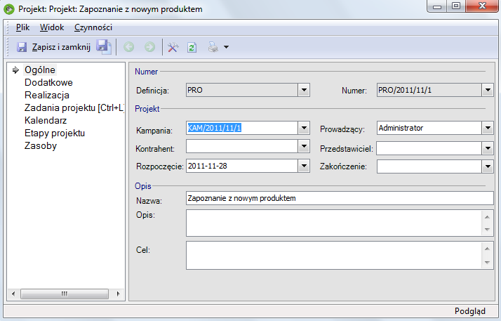 Wypełniane dane na formatce projektu Po utworzeniu nowego projektu można zakładkach.