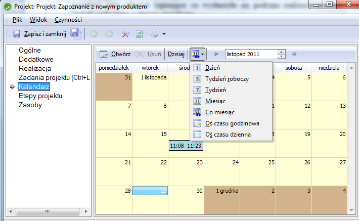 Zakładka Kalendarz Przedstawia w formie kalendarza zestawienie zadań oraz zdarzeń podpiętych do projektu.