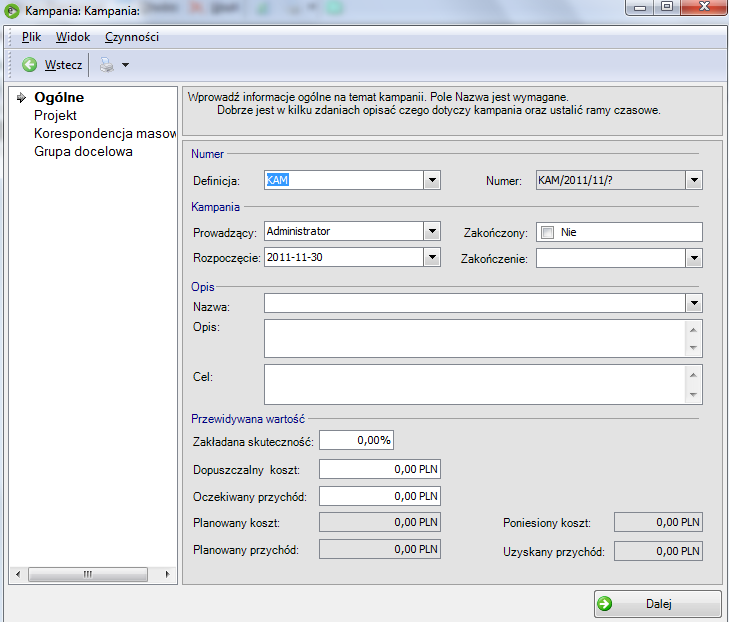 Kreatory W module CRM na poziomie listy oraz formularza projektów dodany został przykładowy kreator, czyli narzędzie pozwalające wprowadzać za pomocą jednego okna obiekty z wielu miejsc w systemie.