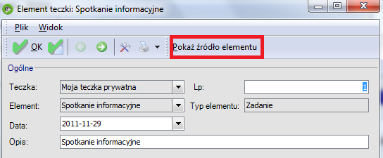 Rys. 82 Otwarcie elementu źródłowego z poziomu teczki. Zakładka Prawa Zawiera listę wszystkich operatorów.