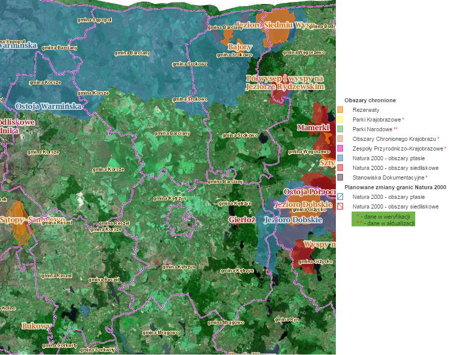 Mapa 4. Obszary chronione, stan na 31.12.2014 roku Źródło: opracowanie własne na podstawie http://geoserwis.gdos.gov.pl/mapy/ dostęp z dnia 20.01.2015 r.