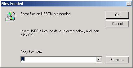 7 Kliknij OK w oknie Włóż Dysk. Wyświetlone zostanie okno Potrzebne pliki. 8 Jeśli zajdzie taka potrzeba, wybierz napęd CD-ROM z listy Kopiuj pliki z... 9 Kliknij Przeglądaj.