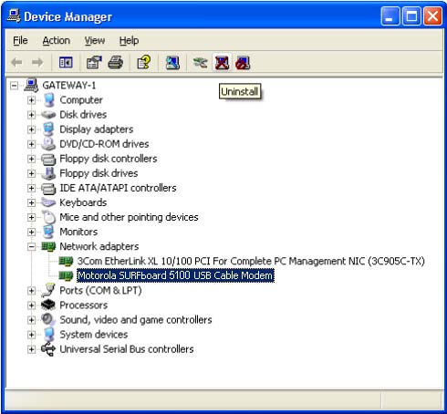 9 Kliknij Motorola SurfBoard USB Cable Modem. Ikona Usuń zostanie wyświetlona w górnej części okna. Kliknij Usuń.