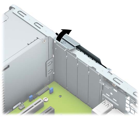 Wyjmowanie lub instalowanie karty rozszerzeń Komputer jest wyposażony w dwa gniazda rozszerzeń PCI Express x1, jedno gniazdo rozszerzeń PCI Express x16 i jedno gniazdo rozszerzeń PCI Express x16