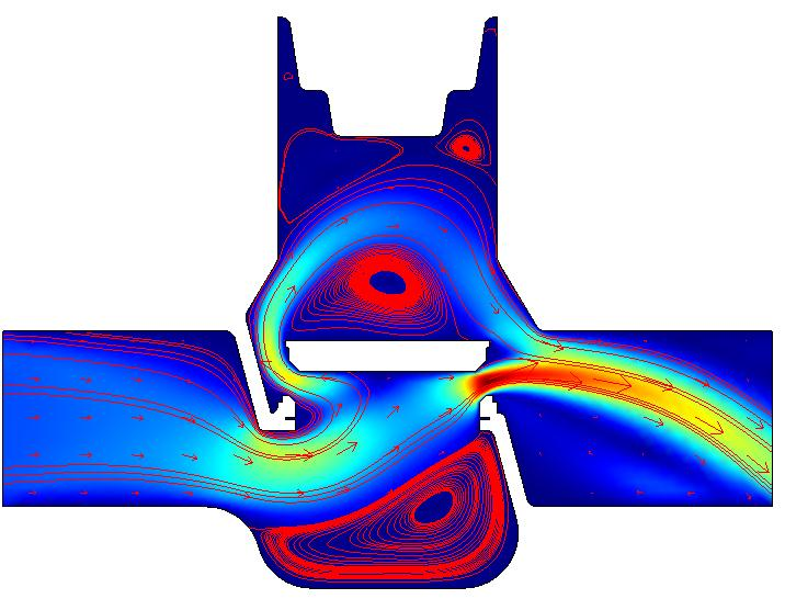 Rys.2.8 Obliczenia dla zawór częściowo otwartego Na powyższych wykresach dokładny przebieg przepływu można zaobserwować za pomocą czerwonych linii oraz strzałek.